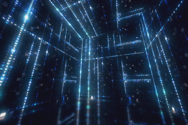 Вращающийся куб с шестнадцатеричным машинным кодом Абстрактный технологический фон 3d иллюстрация
 - Фото, изображение