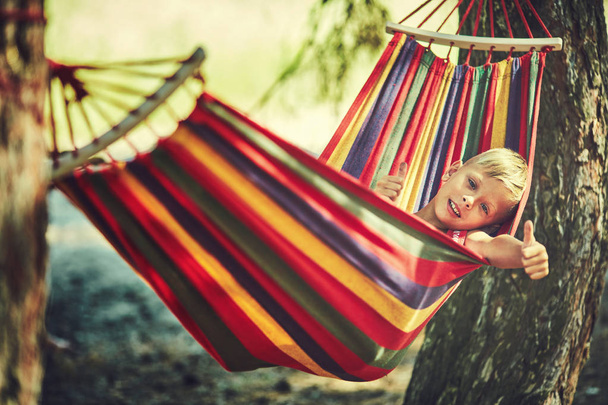 Funny little boy playing in hammock, child resting in garden - Foto, Imagen