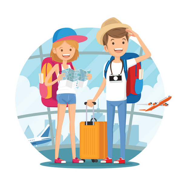 Deux jeunes qui voyagent. Des hommes et des femmes avec des bagages vont à l'aéroport. Illustration vectorielle dans le style dessin animé
 - Vecteur, image