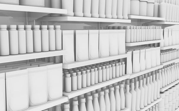 Una vista insaturada de algunas secciones de un estante de supermercado lleno de productos consumibles genéricos - 3D render
 - Foto, imagen