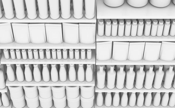 ein ungesättigter Blick auf einige Abschnitte im Supermarktregal, die mit generischen Verbrauchsgütern vollgepackt sind - 3D-Render - Foto, Bild