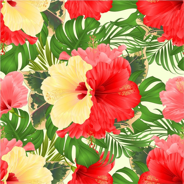 Ομαλή υφή μπουκέτο με τροπικά λουλούδια floral ρύθμιση, με όμορφο κίτρινο ροζ και κόκκινα ιβίσκου, palm, philodendron και ficus εκλεκτής ποιότητας εικονογράφηση φορέα επεξεργάσιμο χέρι επιστήσω  - Διάνυσμα, εικόνα