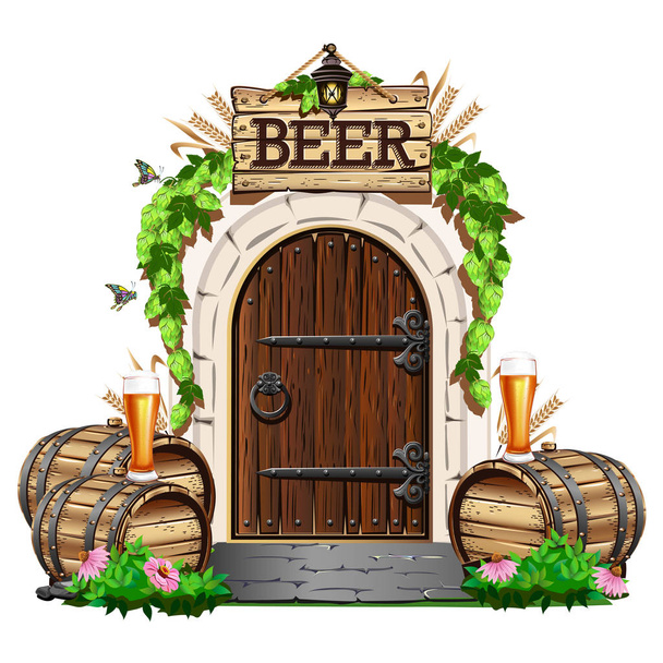 Old wooden door to the pub with wooden barrels and beer. Colorful vector illustration. - Διάνυσμα, εικόνα