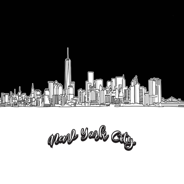 Dibujo vectorial del horizonte de la ciudad de Nueva York, esquema. EE.UU. hito de viaje. Cubierta en blanco y negro y concepto de fondo
. - Vector, Imagen