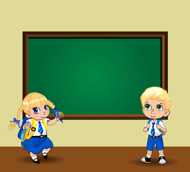 Cute cartoon school girl and boy wearing uniform with backpack near clear blackboard. Vector illustration, flyer, menu, template, back to school, teacher s day characters concept. Kawaii pupil kids - Vector, Image