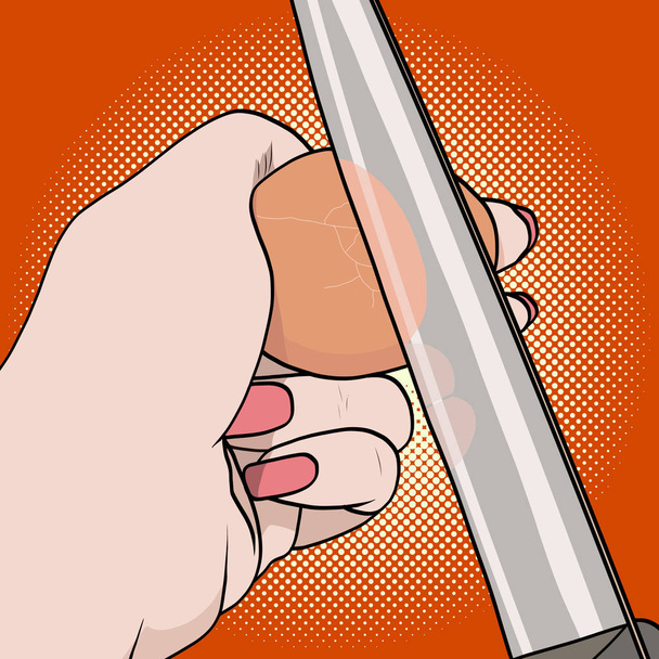 Pop-Art weibliche Hände brechen ein Ei. verwendet ein Messerraster - Foto, Bild
