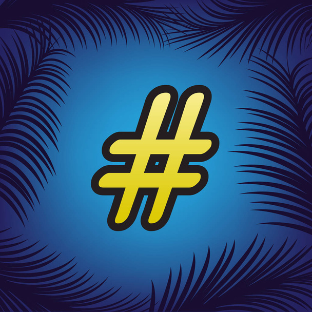 Ilustração do sinal da hashtag. Vector. Ícone dourado com contorno preto
 - Vetor, Imagem