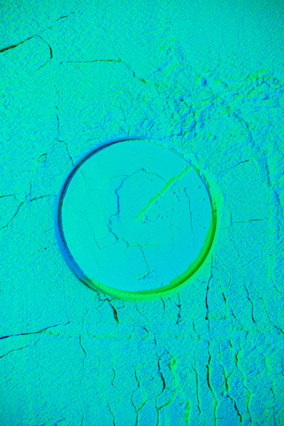 top view of round shape on neon turquoise background - Foto, Imagem
