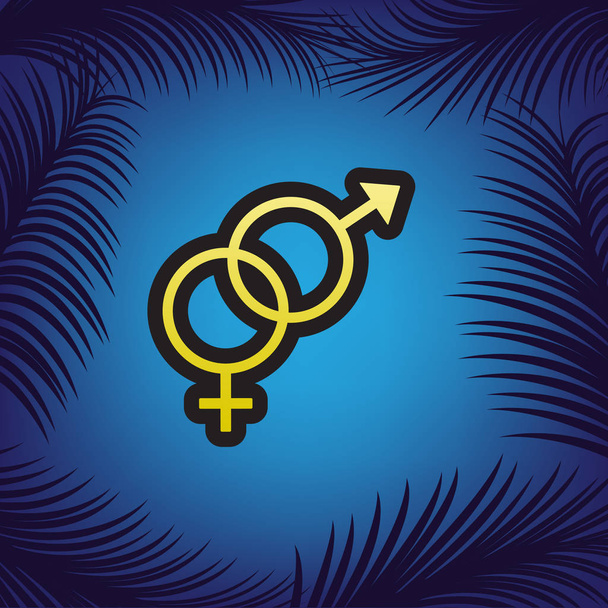 Sexuální symbol znamení. Vektor. Zlatá ikona s černými obrysy na blue  - Vektor, obrázek