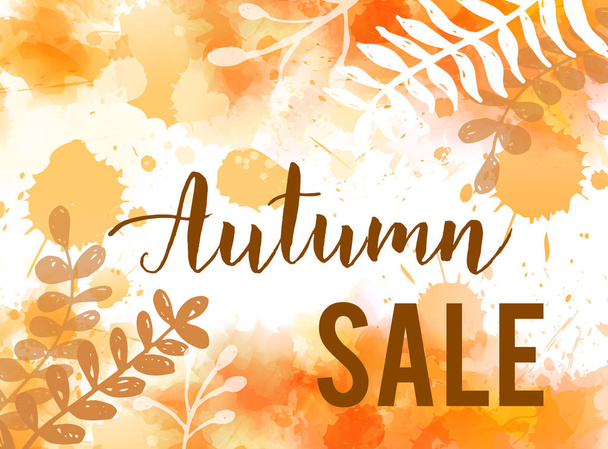 Watercolor  background with handwritten modern calligraphy text "Autumn sale".   Floral botanical leaves decoration. Sale promotion trendy banner - Vector, Image