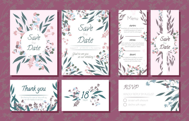 Wedding Card Templates Set with Eucalyptus Branch. Decorative Frames with Leaves, Floral and Herbs Garland. Menu, Rsvp, Label, Invitation with Nature Wreath. Vector Hand Drawn Wedding Cards Isolated. - Vector, Image