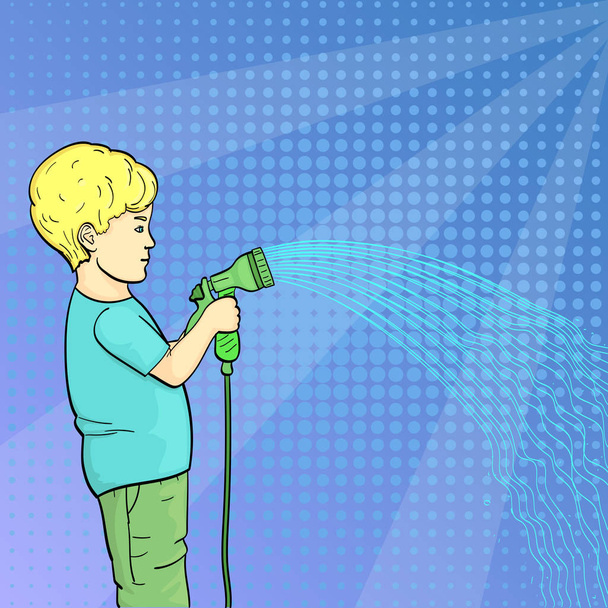 Fondo de arte pop. Un niño, un niño pequeño regando un jardín, un jardín con una manguera de agua. Vector
 - Vector, imagen