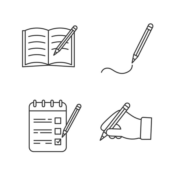 Writing with pencil linear icons set. Copy book, drawing, to do list, hand holding pencil. Thin line contour symbols. Isolated vector outline illustrations - Vetor, Imagem