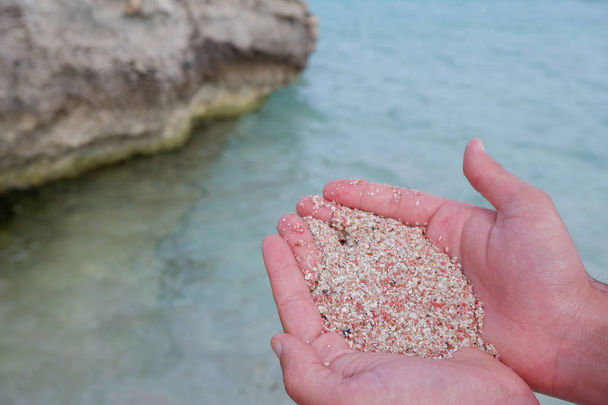 Man holding on his hands a bunch of beach sand in tones of pink with the sea as background - Photo, Image