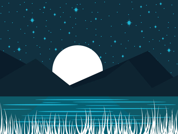 Nacht rivierlandschap met een volle maan. Middernacht meer met maanlicht. Vectorillustratie - Vector, afbeelding