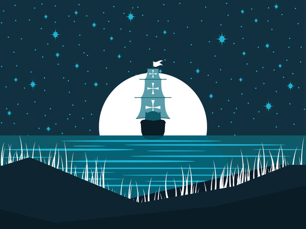 Navegando por la noche contra la luna llena. Luz de luna en el agua. Paisaje marino. Ilustración vectorial
 - Vector, Imagen