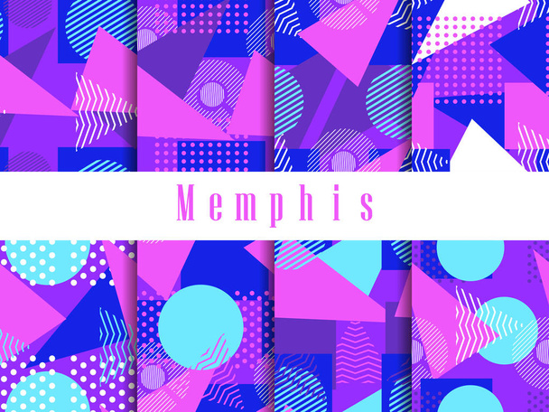 Conjunto de patrones sin costuras de Memphis. Elementos geométricos memphis en el estilo de los años 80. Triángulos, círculos y puntos, punteados. Colores violeta, azul y blanco. Ilustración vectorial
 - Vector, imagen