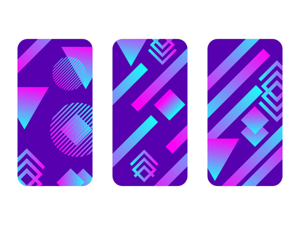 Phone case mockup. Memphis pattern background. Gradients geometric shape style of the 80s. Smartphone cases set. Vector illustration - Vector, Image