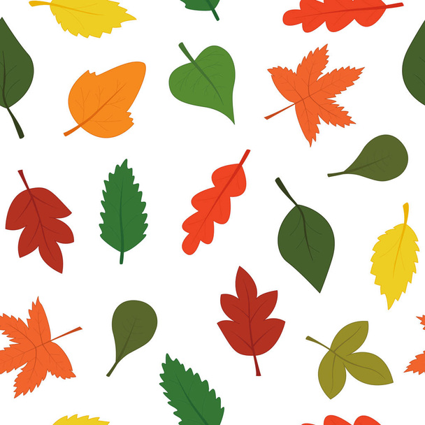 Γεια σας, το φθινόπωρο. Πολύχρωμο φόντο για σχεδιασμό σε μια επίπεδη στυλ για εκτύπωση. Web banner με ένα μοτίβο του διανύσματος φύλλα σε πορτοκαλί, κίτρινο, πράσινο, κόκκινο. Σεπτέμβριος Οκτώβριος Νοέμβριος. - Διάνυσμα, εικόνα