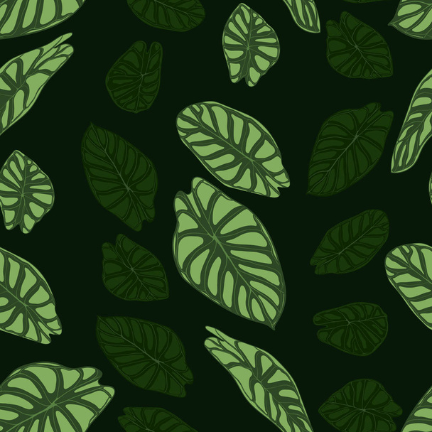 Seamless Tropical Pattern. Trendy Background with Rain Forest Plants. Vector Leaf of Alocasia. Araceae. Handwritten Jungle Foliage in Watercolor Style. Seamless Exotic Pattern for Textile, Fabric. - Vektör, Görsel