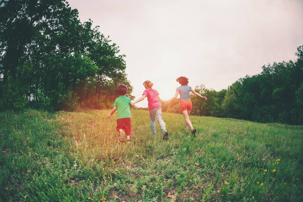 Een vrouw met kinderen loopt langs het groene gras. Moeder houdt van haar zonen door de handen en uitvoeren. Een jongen met zijn gezin buiten spelen. Het kind loopt door de wei met zijn vrienden. - Foto, afbeelding