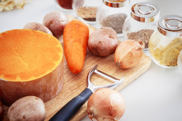 Ingredients and spices for pumpkin soup preparing - Photo, image