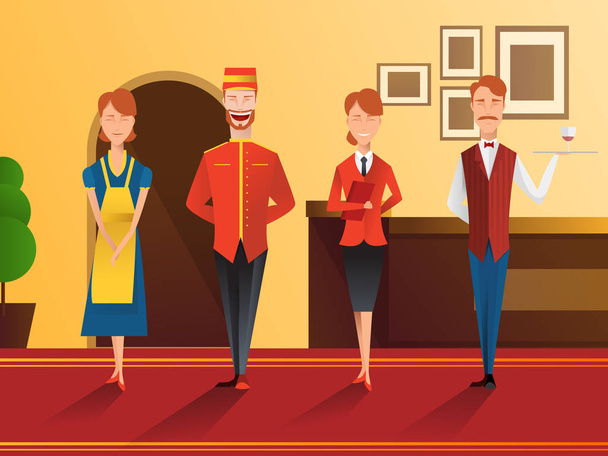 Caráter de sorrir equipe do hotel composição gradiente plana com recepcionista, garçom, porteiro e empregada ilustração vetor
 - Vetor, Imagem