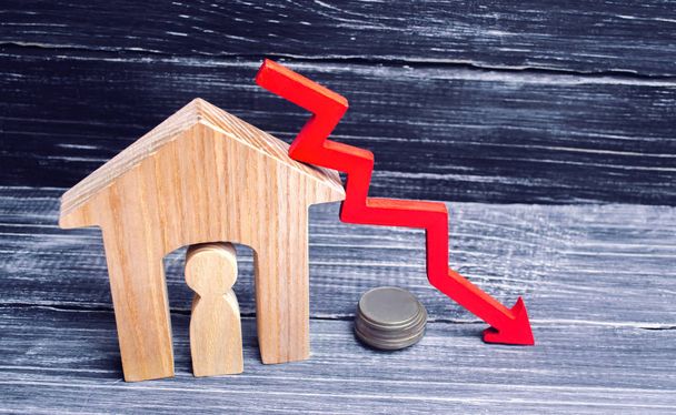 a decline in property prices. population decline. falling interest on the mortgage. reduction in demand for the purchase of housing. low energy efficiency, low prices for public utilities. arrow down. - 写真・画像