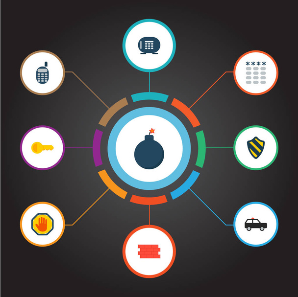 Set von Sicherheitssymbolen flache Stil-Symbole mit Schlüssel, Bombe, Tresor und anderen Symbolen für Ihr Web-App-Logo-Design. - Foto, Bild