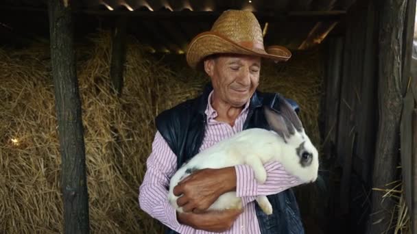 Ein älterer Bauer mit Strohhut hält ein großes weißes Kaninchen in der Hand. Porträt eines Mannes im Hintergrund von Heu - Filmmaterial, Video