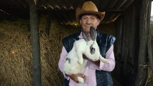 Ein älterer Bauer mit Strohhut hält ein großes weißes Kaninchen in der Hand. Porträt eines Mannes im Hintergrund von Heu - Filmmaterial, Video
