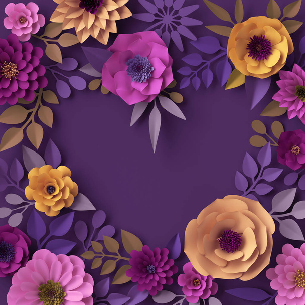 3d render, colorful paper flowers, heart shape greeting card, romantic wallpaper, rose, dahlia, peony, leaves, purple yellow pink, botanical elements on violet background, decorative papercraft - Photo, image