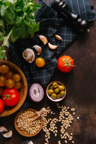 Top view of ingredients for soup on wooden background - Photo, Image