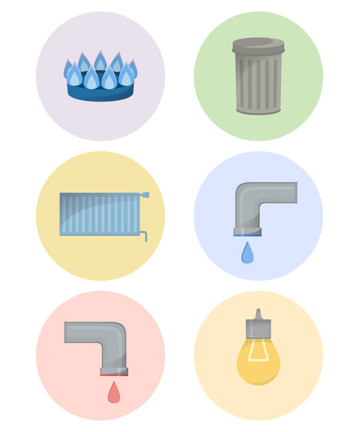 Different types of utilities, facilities icon set, municipal services illustration, cold and hot water, trash, gas, electricity, heating - Vector, Image