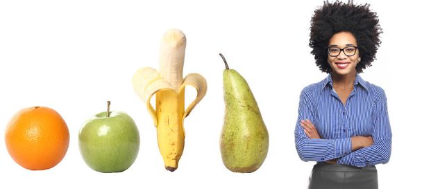 Set of different fruits with afro-american woman - Foto, imagen