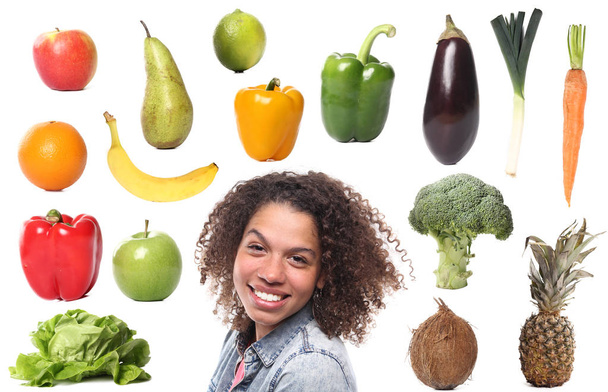 Set of different fruits and vegetables with afro-american woman - Foto, immagini