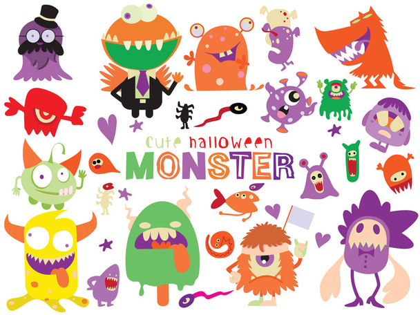 Cute Scary Halloween Monsters and Candy, Vector illustration of Doodle cute Monster
 - Вектор,изображение