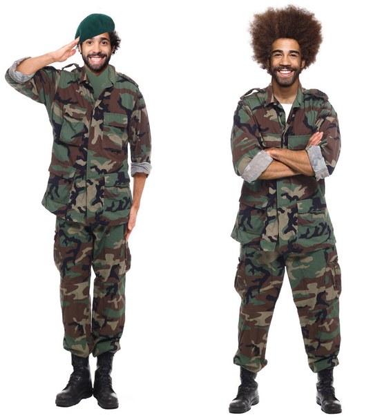 Happy soldiers in uniform is posing on white background - Фото, изображение