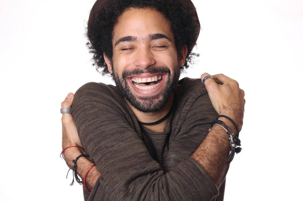 Happy black man on white background - Photo, image