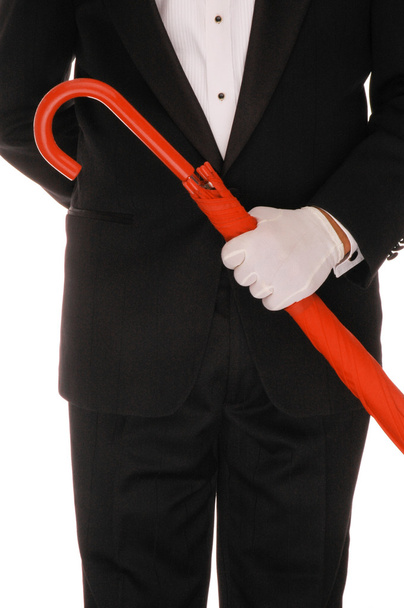 Man in Tuxedo with Red Umbrella - Zdjęcie, obraz