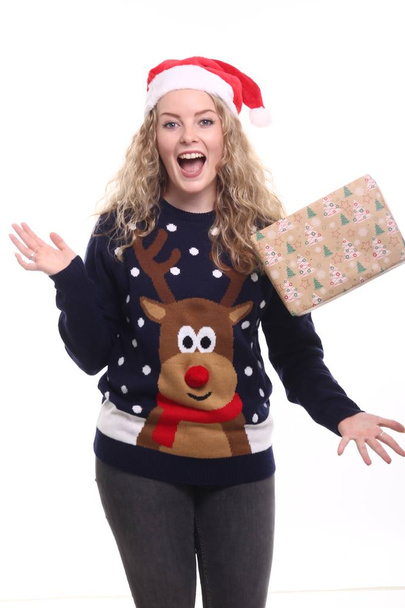 Blonde girl with Christmas gift - Foto, Imagen