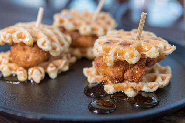Syrup Pools Below Chicken and Waffle Sliders - Photo, Image
