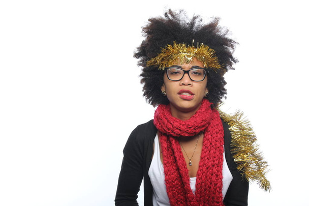 Beautiful afro-american woman in christmas decoration - Photo, Image