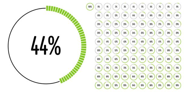 Conjunto de diagramas porcentuales de círculo de 0 a 100 listos para usar para diseño web, interfaz de usuario (UI) o infografía - indicador con verde
 - Vector, imagen