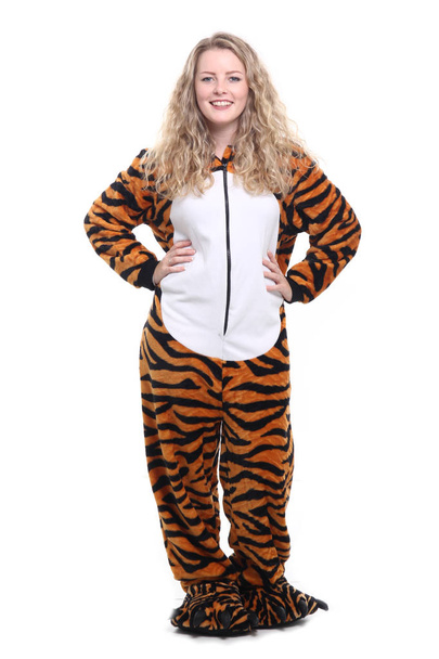 Happy blonde girl in tiger costume - Fotografie, Obrázek