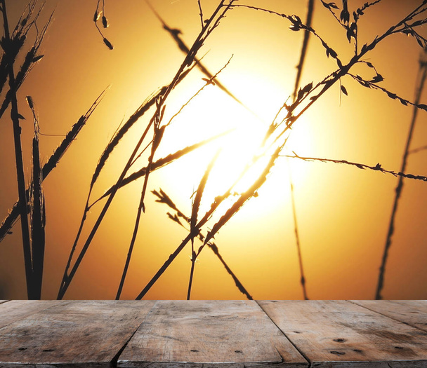 木製のテーブルの上の余分の夕日や日の出背景にシルエット米と草フィールド。製品を表示するモンタージュ スタイル. - 写真・画像