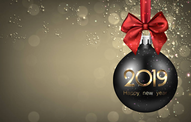 Or brillant 2019 Nouvel An fond avec boule de Noël noire et magnifique arc en satin rouge. Carte de voeux ou décoration festive. Illustration vectorielle
 - Vecteur, image