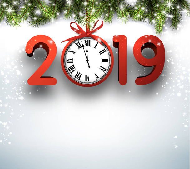 Grau glänzender Neujahrshintergrund 2019 mit Tannenzweigen, roten Figuren, Uhr und Schnee. Festliche Grußkarten-Vorlage. Vektorillustration - Vektor, Bild