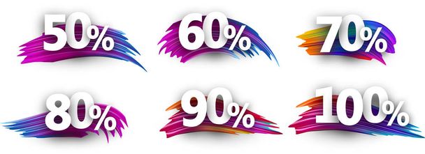 Sale or discount tags with figures, percent sign and spectrum brush strokes isolated on white background. Colorful gradient brush design. Vector paper illustration. - Vettoriali, immagini