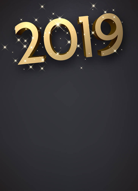 Серый новогодний фон 2019 года с блестящими золотыми фигурами. Рождественские открытки или шаблон плаката. Векторная иллюстрация
 - Вектор,изображение